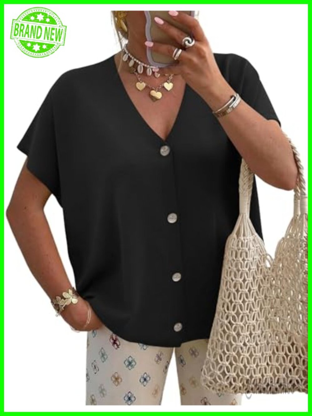 Oversized Short Sleeve V-Neck Button Cardigan Lightweight Knit Sweater